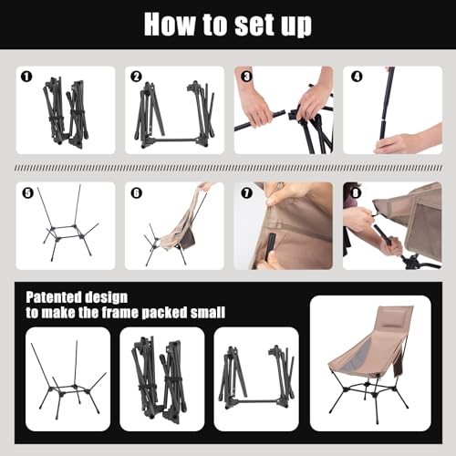 High Back Folding Camping Chair with Pillow, Lightweight Portable Chair for Adults, 2-in-1 Height Adjustment, Deep Recline, Side Pockets for Camping Motorcycle RV Backpacking - color: Khaki - High Back