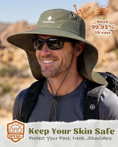 Camptrace Sun Hats for Women Men UPF 50+ UV Protection Wide Brim Hiking Fishing Hat with Neck Flap - color: Darkgreen