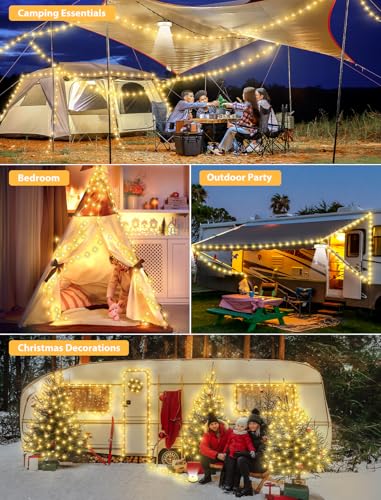 Camping String Lights, 4 in 1 Quick Storage Camping Essentials Gear 32.8FT Rechargeable Tent Lights with 6 Modes Hanging Waterproof LED Camp Lamp for Camping Hiking Patio Garden Festival-Warm White - color: Warm White, size: 1PACK
