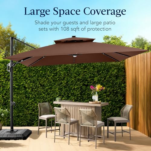 Best Choice Products 9x12ft LED Cantilever Patio Umbrella w/Base Included & 360° Rotation, Large Solar Offset Hanging Outdoor Sun Shade for Deck, Backyard Table w/Stand & Lights – Brown - color: Brown, size: 9x12ft