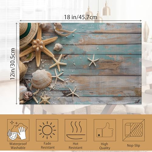 Beach Themed Placemats Set of 6,Blue Wooden Waterproof Non-Slip Washable Table Mats for Kitchen Dining Holiday Party Wedding Decor 12x18 Inch - color: Beach Themed,blue Wooden