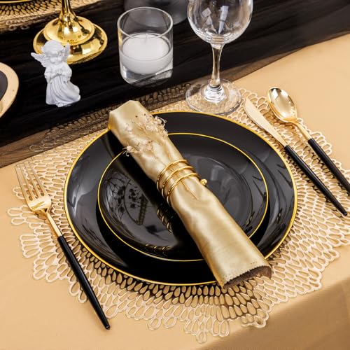 150pcs Black Plastic Plates, Black and Gold Plates,Gold Plastic Silverware,Black and Gold Dinnerware Set,Premiun Taleware,Perfect for Birthday,Party,Wedding,Anniversary - color: 150pcs Black and Gold Plastic Dinnerware Set