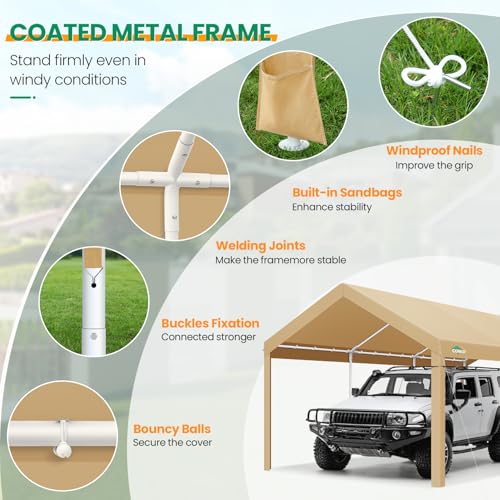 COBIZI Carports 10x20 Heavy Duty Car Tent Garage 2.0, Galvanized Frame Car Canopy Outdoor Shelter Waterproof & UV Protected with Windproof Ropes & Built-in Sandbags for Car Truck Boat, Khaki - color: Khaki, size: 10'x20'