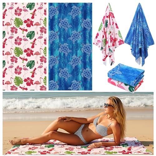 Beach Towels Set 2 Pack Oversized Microfiber Sand Free Quick Dry Towel Flamingo Turtle Print Large Lightweight Travel Pool Swim Yoga Camping Bath Blanket for Adults - color: Blue, Pink