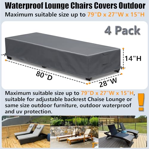 Patio Lounge Chair Covers 4 Pack Waterproof Outdoor chaise lounge cover 80" x 28" x 14" H 600D Weather Resistant Material, UV Protection, Windproof Design Outside Furniture Covers, Grey - color: Grey, size: 4 Pack (80"L x 28"W x 14"H)