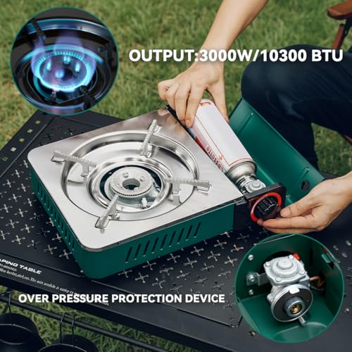 Butane Gas Stove with Carrying Case, Small Portable Camping Stove for Patio Cooking Camping Hiking RV Trip Tailgating Emergency Use, Green GS347 - size: 13.5"