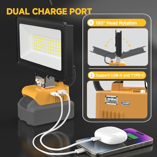 2026 Upgraded Cordless LED Work Light for Dewalt 20V Battery,148W 14800LM Dual Brightness Jobsite Light with USB-C Charging,Low Voltage Protection for Car Repair,Construction & Emergency - size: 14800LM - 1 Pack