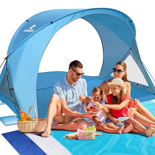 AugFir Beach Tent Sun Shelter, Beach Tent with Beach Mat Set, 4 Person Portable Beach Shade Canopy with UPF 50＋ UV Protection, Dual-Door Ventilation Design, Easy Setup Family Beach Umbrella (Blue) - color: Blue