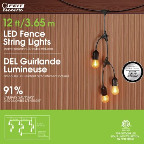 Feit Electric 12ft LED Outdoor Fence String Lights, 10 Sockets, 12pc. S14 LED Bulbs Included, E26 Base, 10 Watts, 2200K, Amber, SLM12-10/FIL - color: Warm White, size: 12 ft, style: 10 Sockets