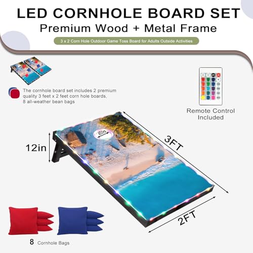 LED Cornhole Set, 3 x 2ft / 4 x2 ft Cornhole Board Game Set, Corn Hole Outdoor Game, Multi-Design with Light-Up Border, 8 Bean Bags, Carrying Case for Backyard, Beach, Lawn - color: Beach, size: 3'x2'