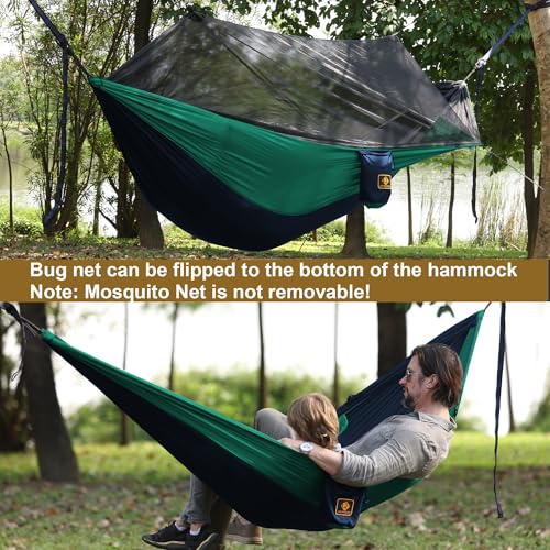Camping Hammock with Net,Travel Portable Lightweight Hammocks with Tree Straps and Solid D-Shape Carabiners,Parachute Nylon Hammock for Outsides Backpacking Beach Backyard Patio Hiking - color: Navy Blue & Dark Green, size: Large