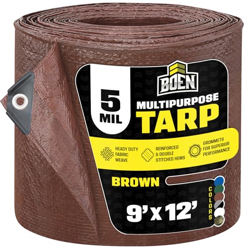 Multi-Purpose Large Tarp Waterproof Cover | Brown, 9' x 12' 5 Mil Thick | Rip Proof Tarps | Thick Weave Material, UV Resistant Great for Tarpaulin Canopy Tent, Boat, RV or Pool Cover - color: Brown - 5 Mil, size: 9' x 12'