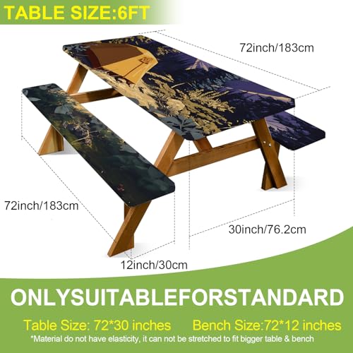 ANNA QUEEN Camping Adventure 6FT Picnic Table Cover with Bench Covers Set of 3 with Drawstring Bag, Forest Tent Scene 72"x30" Waterproof Picnic Tablecloth & Bench Covers for Outdoor Dining - color: #52