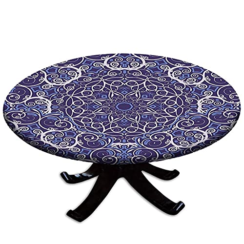 Kaleidoscope Flower Fitted Tablecloth Round - 60 Inch Table Cloth - Bohemian Style Elastic Edge Table Covers, Indoor Kitchen Dinning Room or Outdoor Picnic Party Dining Tables Decoration - color: Bohemian Style, size: 48" (Round)