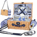 Picnic Basket for 2 with Blanket, Willow Picnic Basket Set with Shoulder Strap&Wine Pouch, Large Willow Hamper with Insulated Cooler for Outdoor, Camping, Beach, Couples, Wedding Gift - color: Blue and White Grid