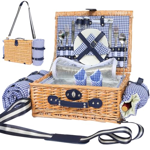 Picnic Basket for 2 with Blanket, Willow Picnic Basket Set with Shoulder Strap&Wine Pouch, Large Willow Hamper with Insulated Cooler for Outdoor, Camping, Beach, Couples, Wedding Gift - color: Blue and White Grid