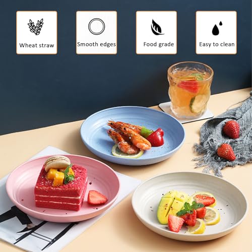 4 Pack Wheat Straw Plates, 9 Inch Unbreakable Dinner Plates, Reusable Wheat Straw Plate Dishwasher & Microwave Safe - color: Beige,Blue,Green,Pink