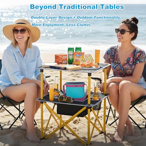 Folding Camping Table with 4 Cup Holders, Lightweight Portable Beach Outdoor Picnic Table, Square Camp Table with Built-in Food Basket Travel Bag for BBQ, Camping, Tailgate - color: Black