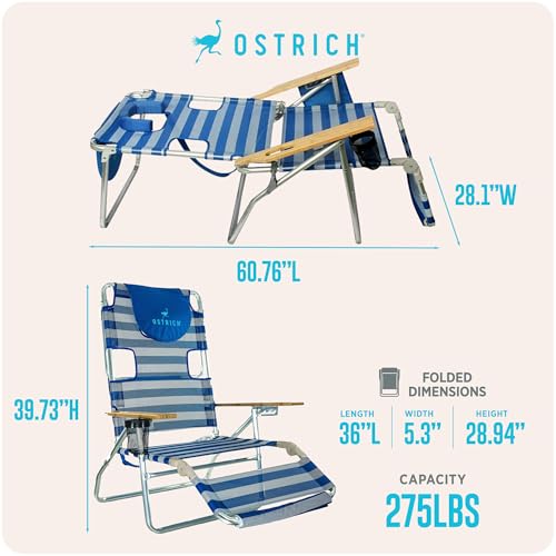 Ostrich the Original 3N1 Lightweight Beach Reclining Lounge Chair with Footrest, Outdoor Furniture for Patio, Balcony, Backyard, or Porch, Blue Stripe - color: Striped, style: Standard 3N1