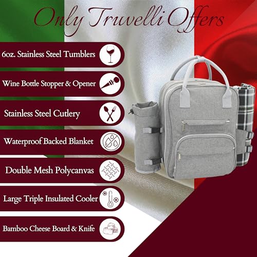 Truvelli Picnic Backpack for 2 with Blanket – 12-in-1 Insulated Picnic Basket Backpack Set with‬ Wine Holder, Cutlery & Cheese Board – Luxury Picnic Back Pack for Couples, Outdoor‬ Adventures, Gray - color: Gray