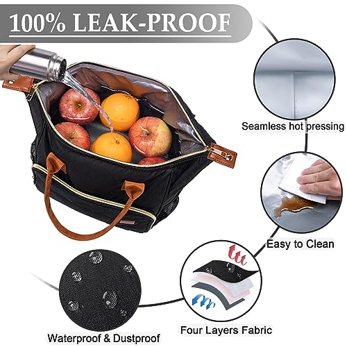 Black Lunch Box for Women Insulated Lunch Bag for Work - Adult Stylish Lunch Tote Bag for Shopping Soft Cooler for Beach Picnic Travel - color: A1: Black, size: Large
