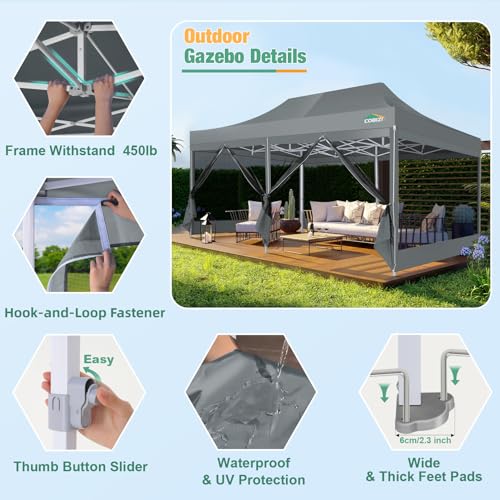 COBIZI 10x20 Canopy Tent, Heavy Duty Pop up Canopy with Sidewalls, Waterproof Easy Setup Canopy with Mosquito Netting, Outdoor Instant Screen Tents for Parties, Wedding with Roller Bag, Gray - color: Gray, size: 10x20FT