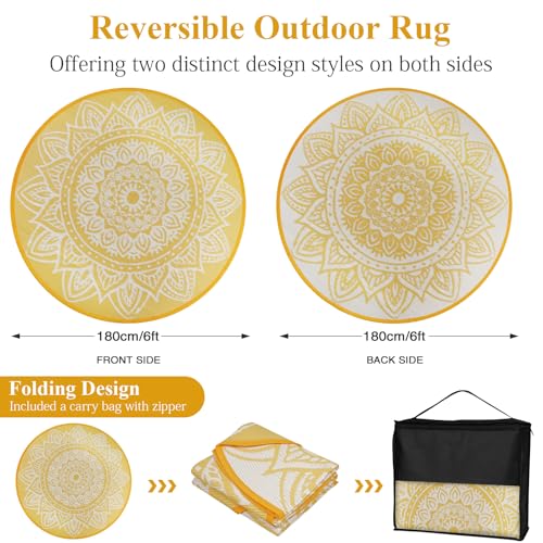 Round Outdoor Rug 6ft Waterproof Reversible Boho Plastic Straw Patio Deck Camping Rugs, Indoor Outdoor Portable RV Mat Carpet for Outside, Porch, Balcony, Backyard, Beach, Pool, Yellow - color: Yellow, size: Round 6ft