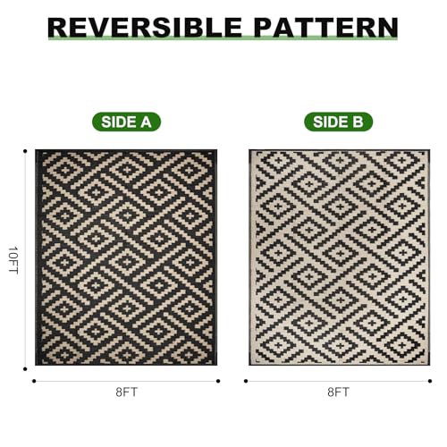 RURALITY Outdoor Rugs 8x10 Feet for Patios Clearance,Plastic Straw Waterproof Mats for Backyard,Porch,Deck,Balcony,Black&Beige - color: Cross-black&beige, size: 8' x 10' (Rectangular)