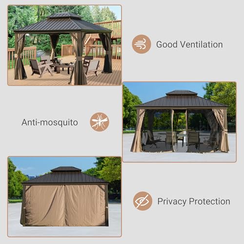 Domi 10’x12’ Hardtop Gazebo with Gutters, Outdoor Metal Gazebo for Patios with Galvanized Steel Double Roof, Heavy Duty Curtains and Netting Included, Pergola for Backyard, Garden Lawn, Deck, Brown - color: Brown, size: 10'x12'/w gutter