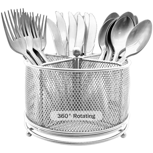DysanVica 360° Rotating Metal Utensil Caddy - 4 Compartment Silverware Cutlery Holder Rotation Fork Spoon Napkin Organizer Flatware Storage Basket Party Countertop Buffet Picnic Camping Outdoor Silver - color: Silver