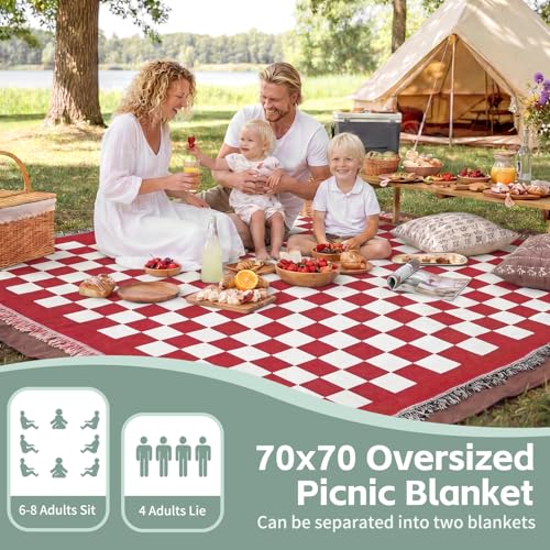 2 in 1 Extra Large Outdoor Picnic Blanket Camping Mat Lightweight Oversized Giant Turkish Boho Beach Mexican Serape Baja Cobijas Mexicanas para Mesa Park Stadium Outside Festival Grass Hammock - color: Checkered Red