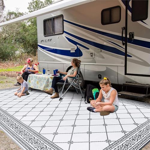 Outdoor Rug 9'x18' for Patios Clearance, Reversible Outdoor Plastic Straw Waterproof Camping Carpet, Large Area Rugs Patio Mats for Outside RV, Camper, Deck, Porch, Beach, Picnic, Grey&White - color: Classic Grey, size: 9' x 18' (Rectangular)
