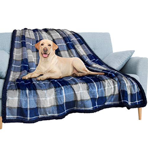 PAVILIA Waterproof Blanket for Couch, Sofa | Pet Protector for Large Dog, Puppy, Cat | Plush Soft Warm Fuzzy Sherpa Throw | Plaid Navy, 60x80 - color: Plaid Navy, size: 60x80 Inches