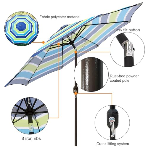 Blissun 9' Outdoor Patio Umbrella, Outdoor Table Umbrella, Yard Umbrella, Market Umbrella with 8 Sturdy Ribs, Push Button Tilt and Crank - color: Blue & Green Stripe