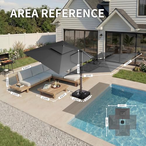 10 X 13 FT Cantilever Patio Umbrella with LED Lights Outdoor Heavy Duty Double Top Windproof Rectangle Offset Umbrellas with 360-degree Rotation for Pool Deck Backyard, Grey - color: Grey, size: 10' X13'-Weighted Base Not Included
