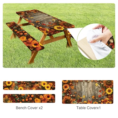 ANNA QUEEN Autumn Harvest Picnic Table Cover Set, 6FT Rustic Fall 3PCS 72"x30" Waterproof Tablecloth with Bench Covers for Camping Thanksgiving & Outdoor Events - color: #6