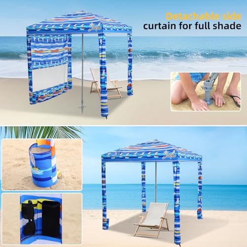 Jihfmo Beach Cabana, 6.2'×6.2' Beach Canopy with Side Wall, UPF 50+ UV Protection Easy Setup Tent Sun Shelter with Sand Pockets for Whole Family(Summer Sailboat) - color: Summer Sailboat