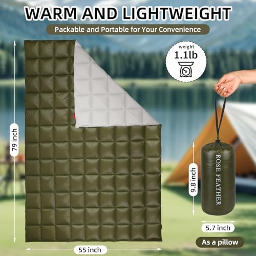 Down Camping Blanket - Lightweight, Packable, Warm & Puffy Outdoor Travel Quilt for Sleep, Hiking, Backpacking, Stadium, Festivals, Water-Resistant Sleeping Bag 55"x79" - color: Ranger Olive, size: 1LB 1.6OZ / 79" x 55"