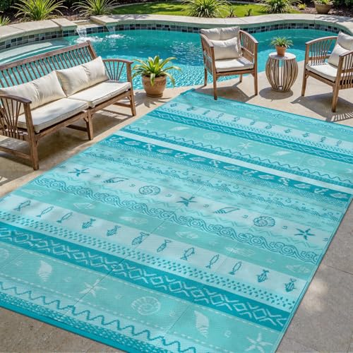 Lahome Outdoor Rug Waterproof, 6x9 Reversible Outdoor Plastic Straw Rug for Camping, RV Patio Rugs Large Carpet for Porch Deck Backyard Balcony Picnic(Blue/Multi,6'x 9') - color: Blue, size: 6'x9'