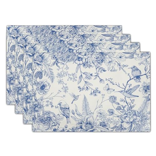 Chinoiserie Placemats Set of 4,18X12 Inch Blue Birds Floral Porcelain Washable Heat Resistant Place Mats for Spring Summer Seasonal Kitchen Party Dining Table Decoration - color: Chinoiserie Flowers