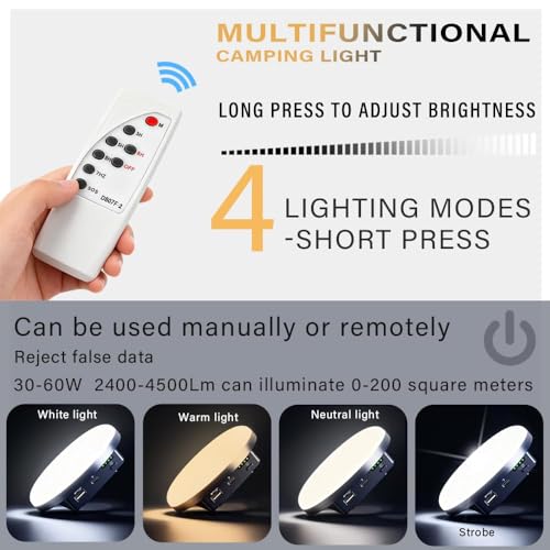 Camping Lights Tent Light 4500 Lumens 45W Rechargeable LED Lantern Magnetic Hanging, Portable USB Outdoor Canopy, Emergency Lights for Home, Lanterns for Power Outages, Ice Shanty Lights（Remote） - size: 7200mAh(remote)