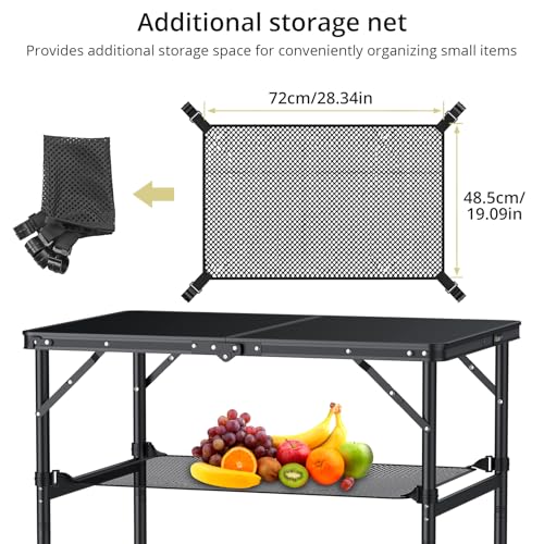 Anbte 3ft Camping Table Foldable with Storage Net, 3 Heights Max 29.5" Aluminum Camping Table with Portable Handle, Lightweight, for Travel Outdoor Beach Picnic Patio Indoor, 36" x 24", Pure Black - size: 36"l X 24"w X 29.5h"