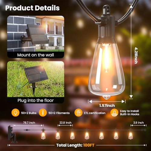 100FT Solar String Lights Outdoor Waterproof IP65 with USB-Charging , Solar Powered LED Patio Lights with 50+2 Shatterproof ST38 Edison Bulbs, Hanging Lights for Outside Backyard Garden Bistro Gazebo - size: Solar-100FT