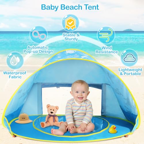 Baby Beach Tent, Pop Up Beach Tent Sun Shade for Beach, Portable Shade Pool UV Protection Sun Shelter for Infant with Beach Sand Toys Set - color: Patterned Blue