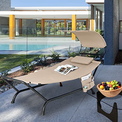 Tangkula Hammock with Stand Included, Heavy Duty Outdoor Hammock with Adjustable Canopy, Rustproof Metal Stand, Pillow, Storage Pocket, Hammock Bed with Stand for Backyard Lawn Poolside (Beige) - color: Beige