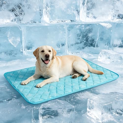 BEAUTYZOO Dog Cooling Mat for Large Dogs 35"x23" – Upgraded Thick Cooling Mat for Dogs with Chill Cool Fiber Q-Max>0.43 – Waterproof, Non-Slip, Washable Crate Cooling Pad for Summer & Indoor Outdoor - color: Blue Paw, size: Large 23" X 35" (1 Pack)