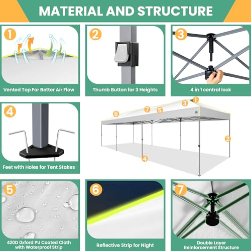 COBIZI 10x30 Pop Up Canopy Tent, Wedding Party Tent with 8 Sidewall One Push Setup Glow, 3 Adjustable Height Air Vent Waterproof UPF50+, Wheeled Bag, Sandbag, Stake, Rope for Commercial, Outdoor - color: White, size: 10x30 with 8 Sidewalls
