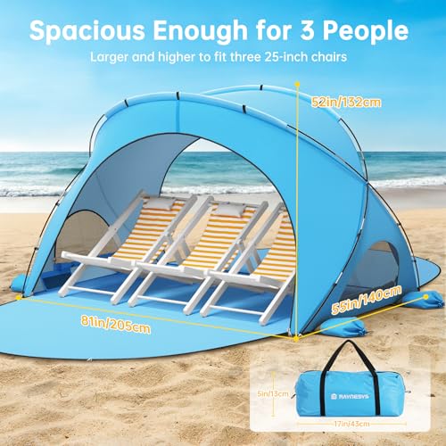 Raynesys Beach Tent Sun Shelter, Beach Shade Tent with UPF50+ UV Protection, Portable Sun Shelter for 1-3 Person, Shade Tents with 2 Zippered Doors for Sand Camping Fishing, Blue - color: Blue, size: For 3 Person