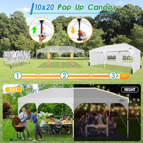 COBIZI 10x20 Pop up Canopy Tent with 4 Sidewalls Outdoor Canopy Tent for Party with Push Center Lock & Air Vent, 2000mm+Waterproof Gazebo Canopy UPF 50+with 4 Sandbags,12 Stakes & 6 Ropes,White - color: White, size: 10x20ft With 4 Sidewalls