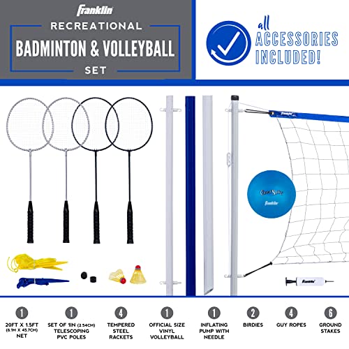 Franklin Sports Volleyball + Badminton Sets - Beach + Backyard Game Set - Volleyball, Pump, Badminton Rackets, Birdies, Net + Poles Included
